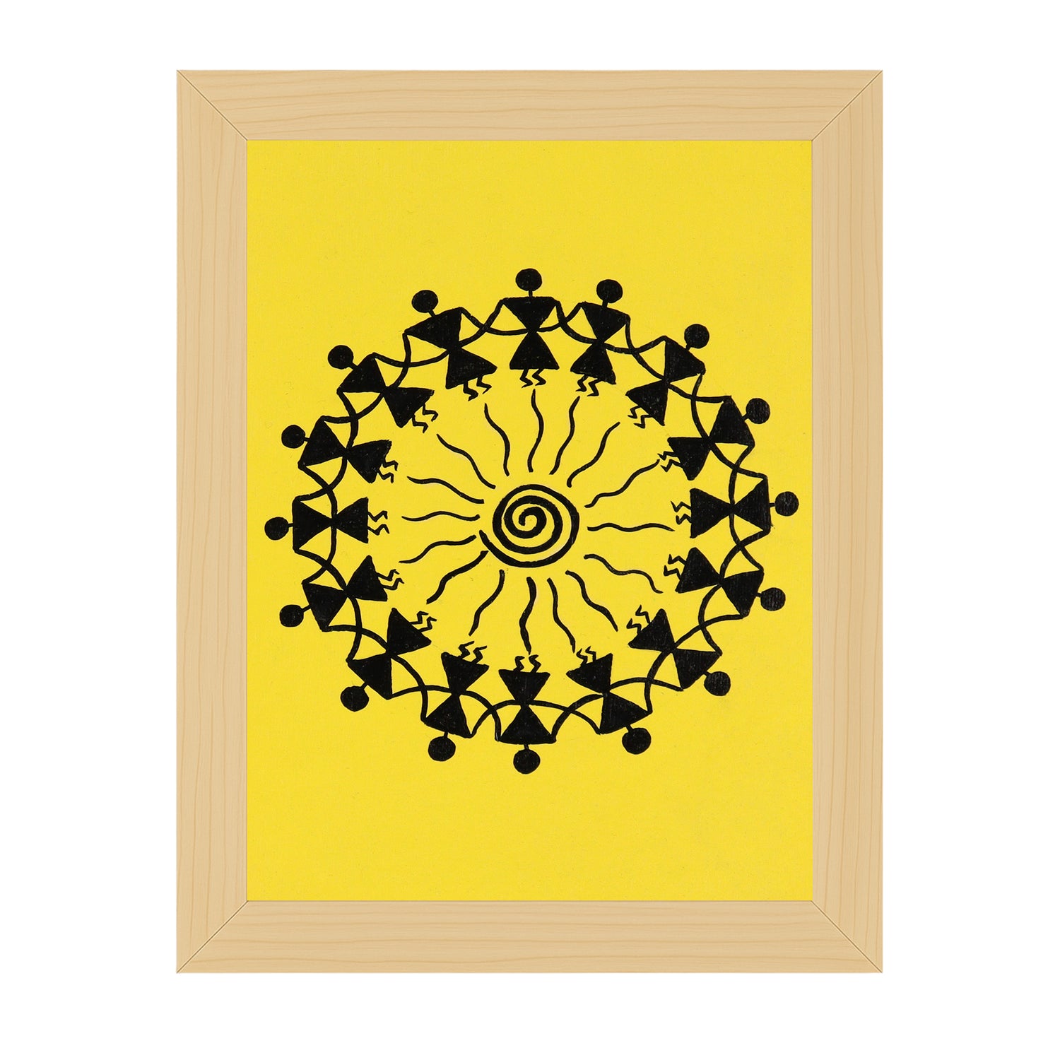 Framed artwork with Handmade black warli dancing painting on a yellow background