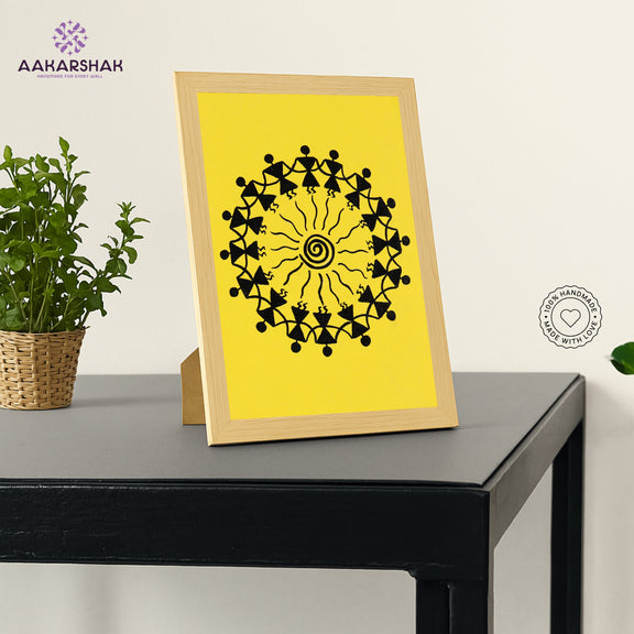 Framed artwork with a yellow background and black design-handmade dancing painting