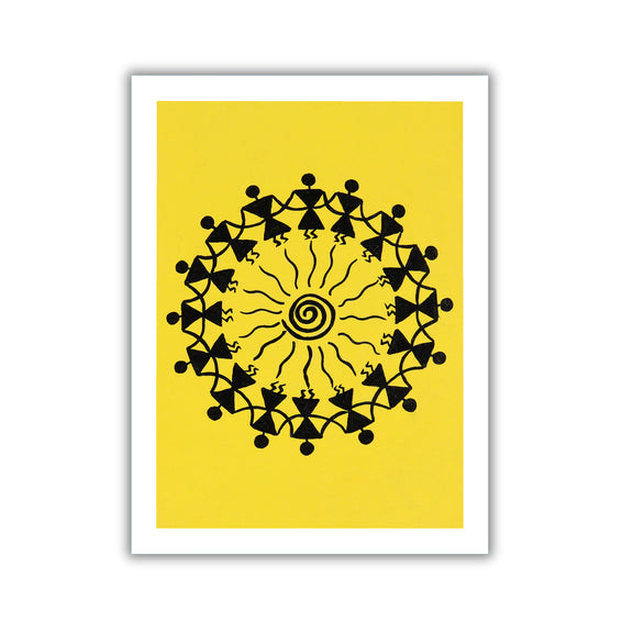 Framed artwork with Handmade black warli dancing painting on a yellow background
