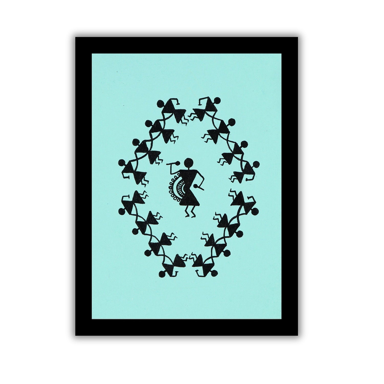 Framed artwork with Handmade black warli dancing painting on a blue background