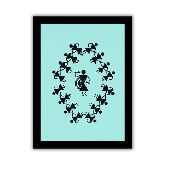 Framed artwork with Handmade black warli dancing painting on a blue background