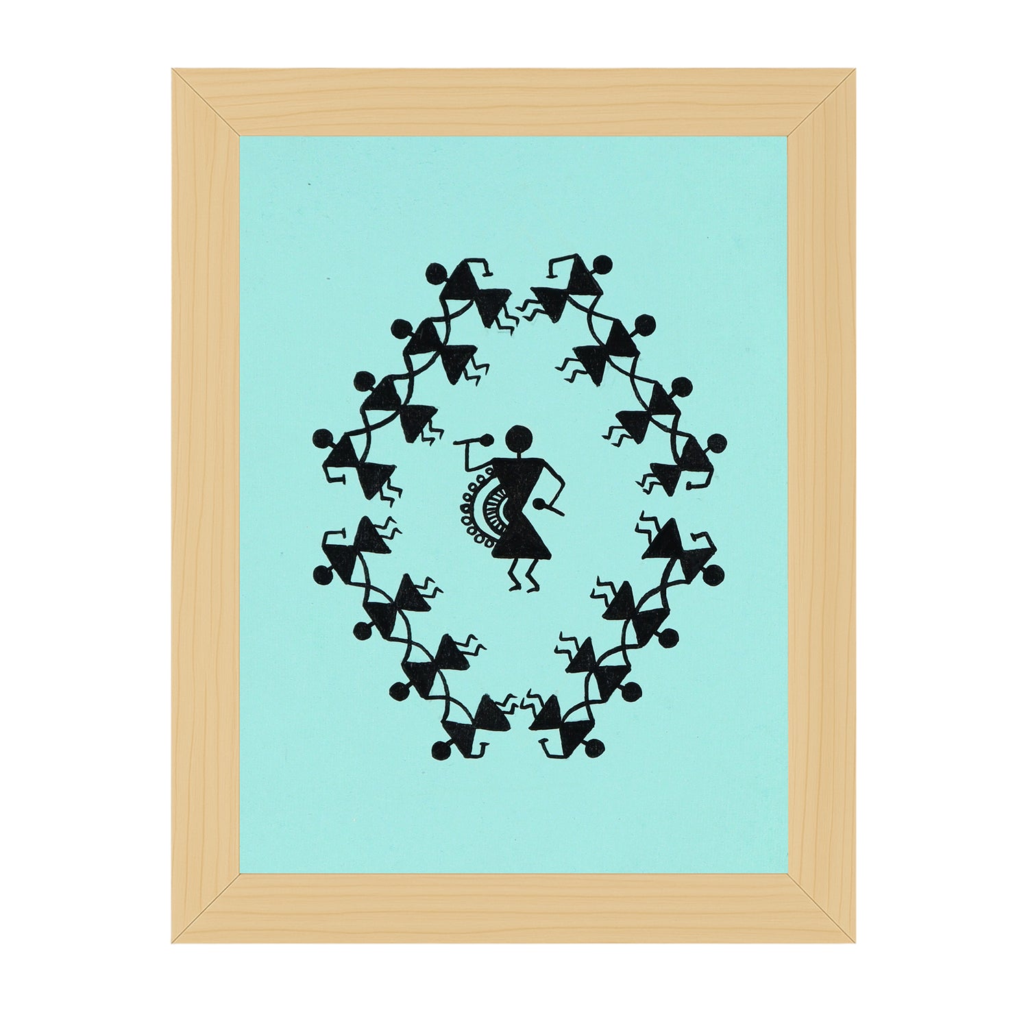 Framed artwork with Handmade black warli dancing painting on a blue background