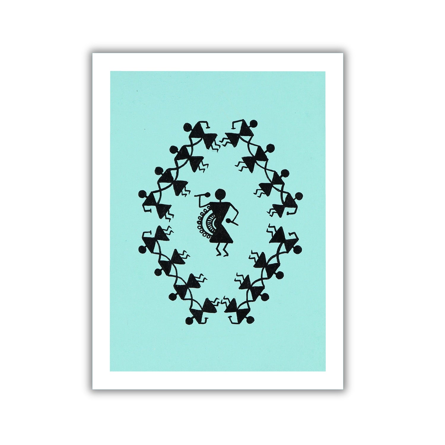 Framed artwork with Handmade black warli dancing painting on a blue background