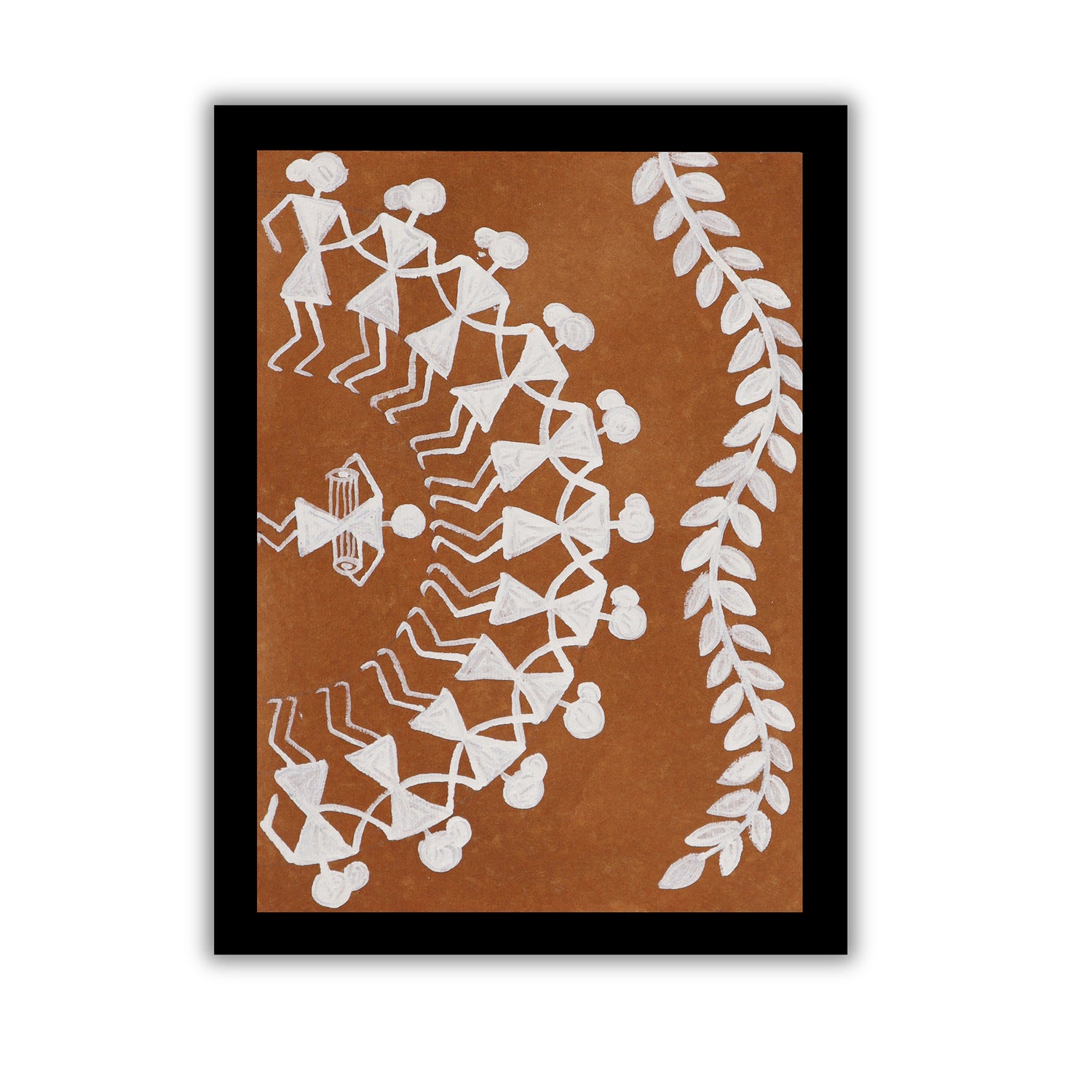 Framed artwork with Handmade black warli dancing painting on a blue background