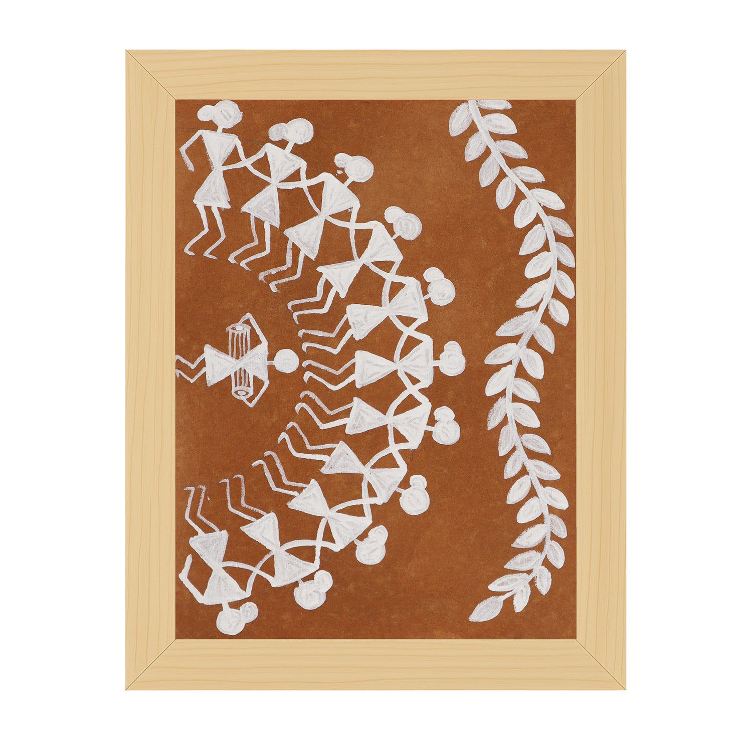 Framed artwork with Handmade white warli dancing painting on a brown background