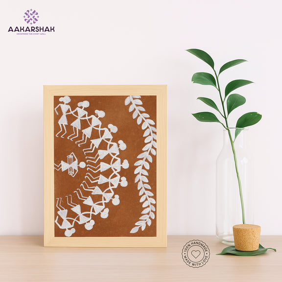 Handmade warli dancing painting-with tabletop stand for home decor