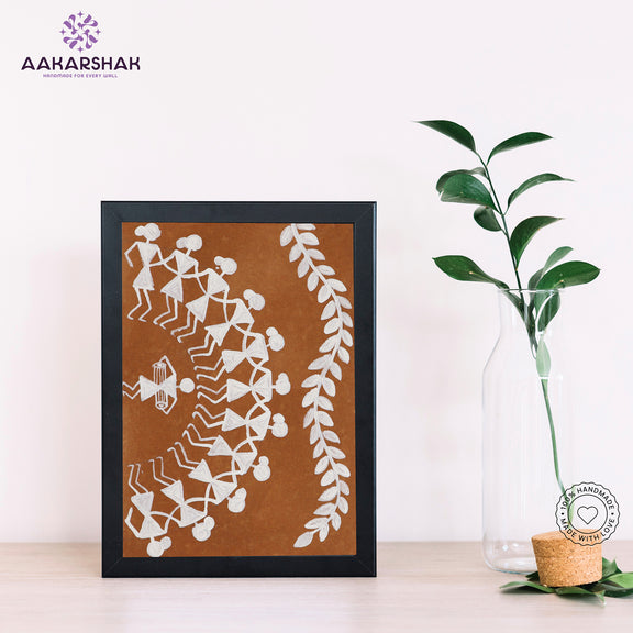 Handmade warli dancing painting-with tabletop stand for home decor