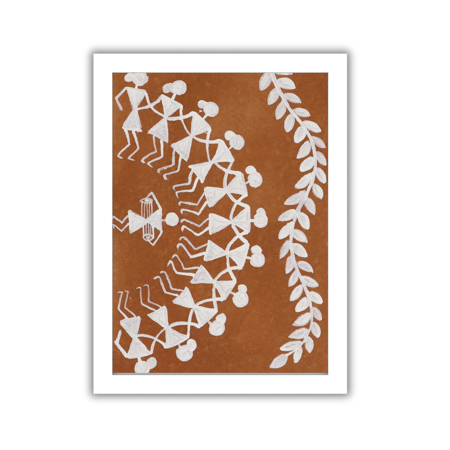 Framed artwork with Handmade black warli dancing painting on a blue background