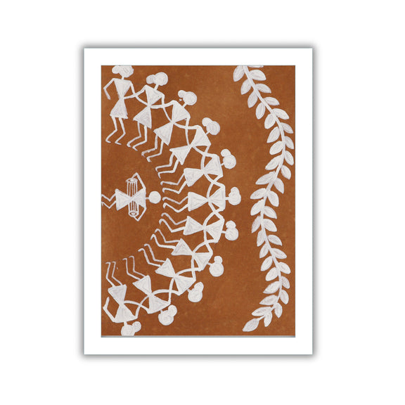 Framed artwork with Handmade black warli dancing painting on a blue background