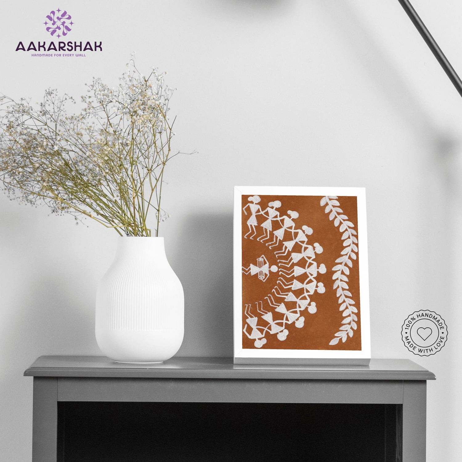 Handmade warli dancing painting-with tabletop stand for home decor