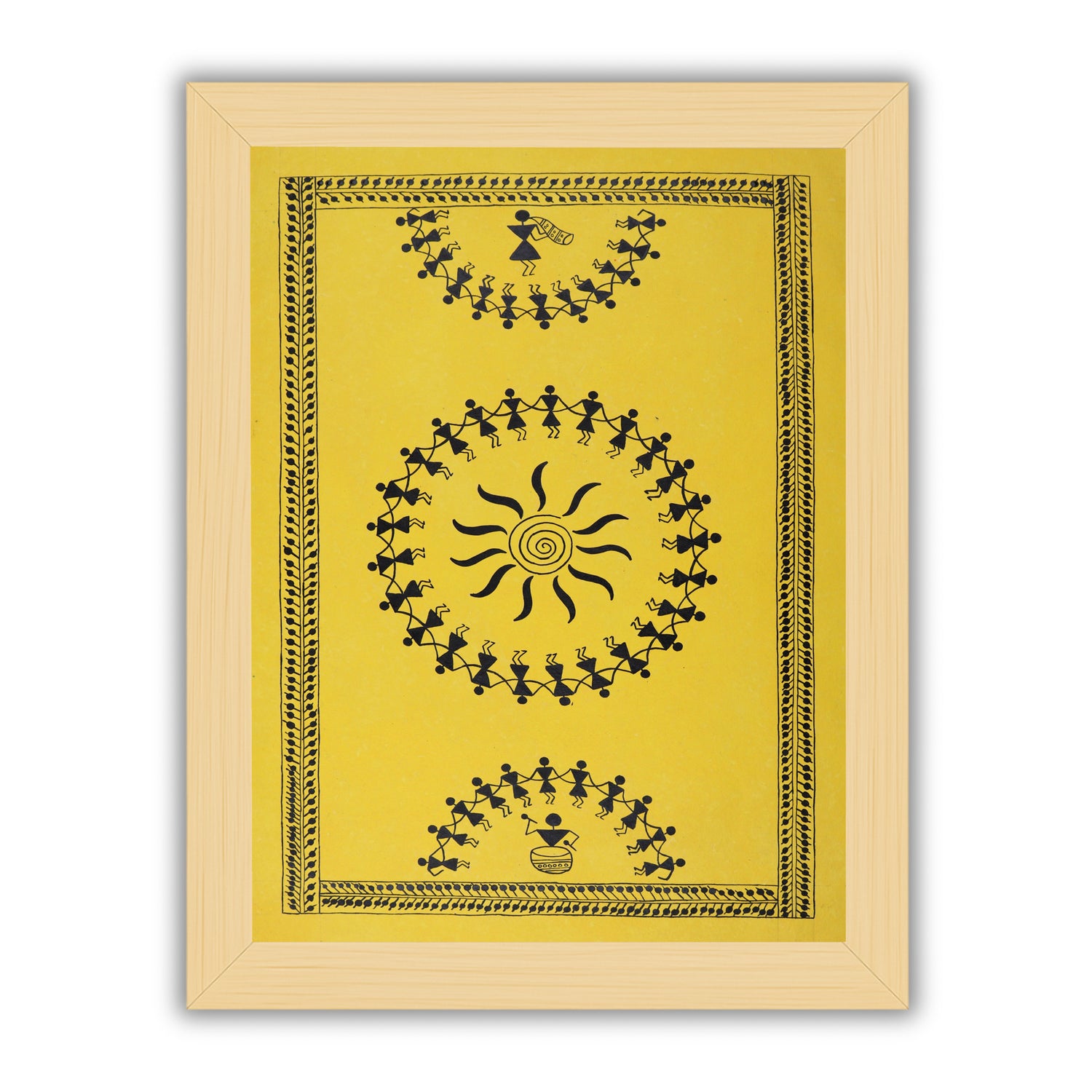 Framed artwork of a colorful dancing design-with handmade warli painting 