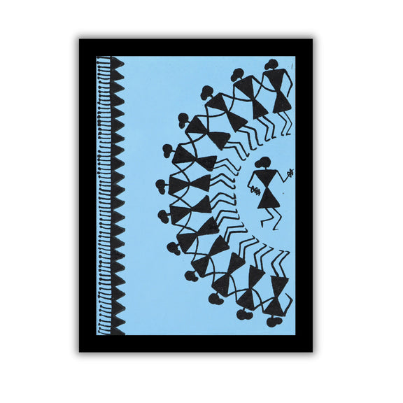 Framed artwork with Handmade black warli dancing painting on a blue background