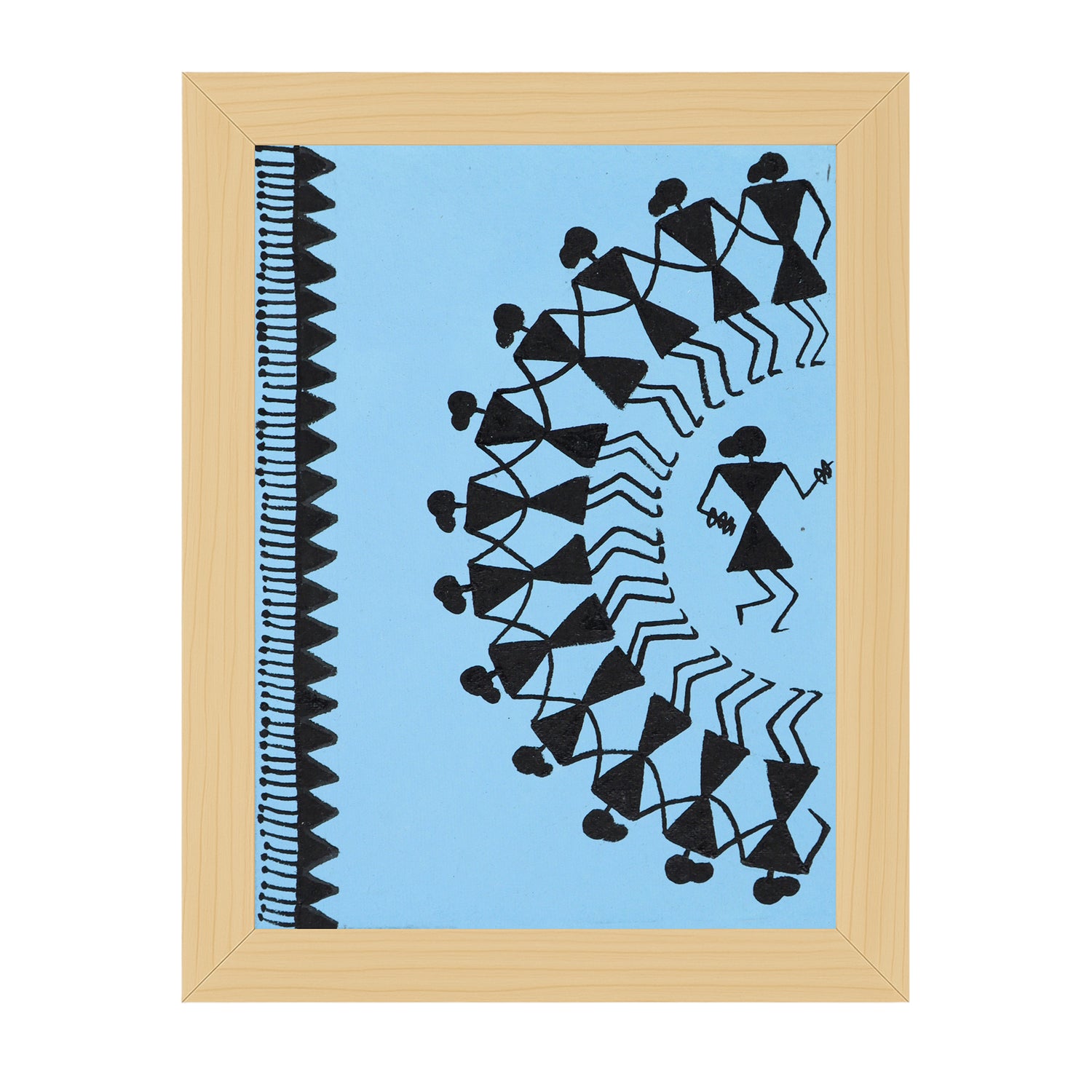 Framed artwork with Handmade black warli dancing painting on a blue background