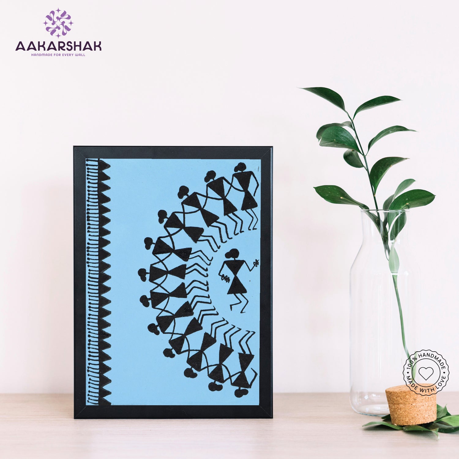 Handmade warli dancing painting-with tabletop stand for home decor
