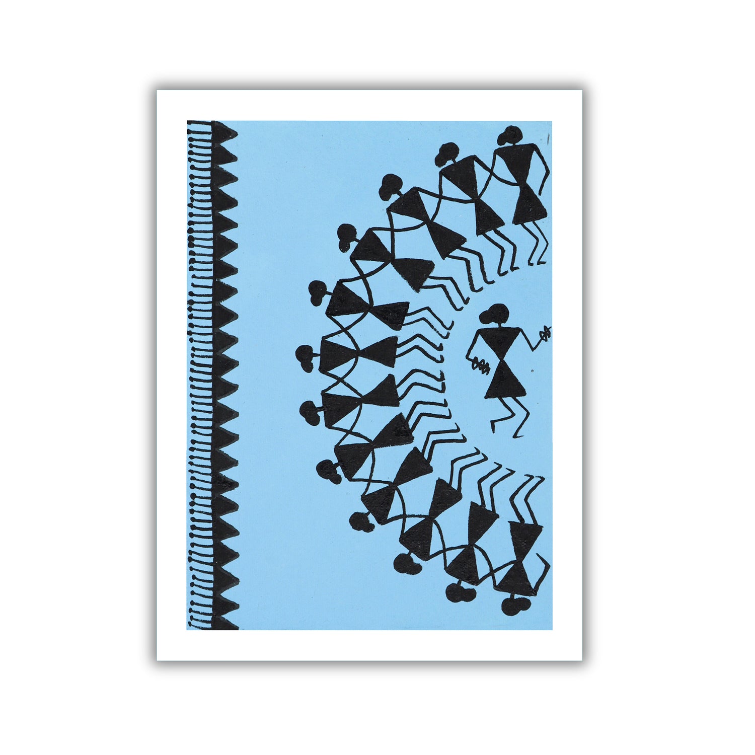 Framed artwork with Handmade black warli dancing painting on a blue background