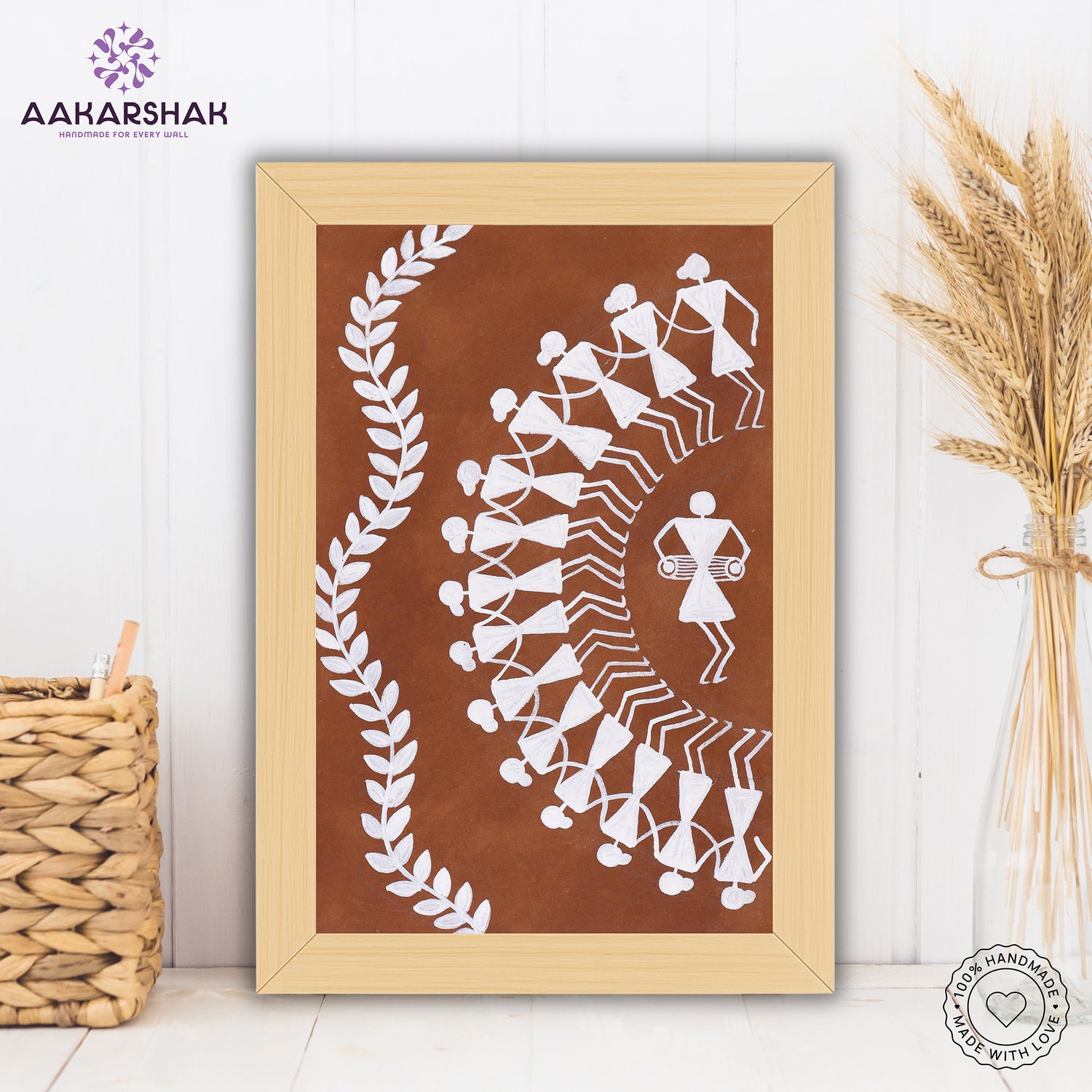 Handmade warli dancing painting-with tabletop stand for home decor
