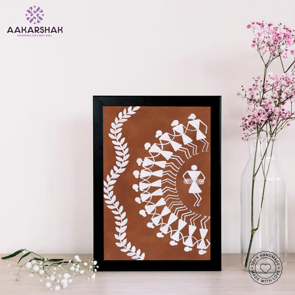 Handmade warli dancing painting-with tabletop stand for home decor