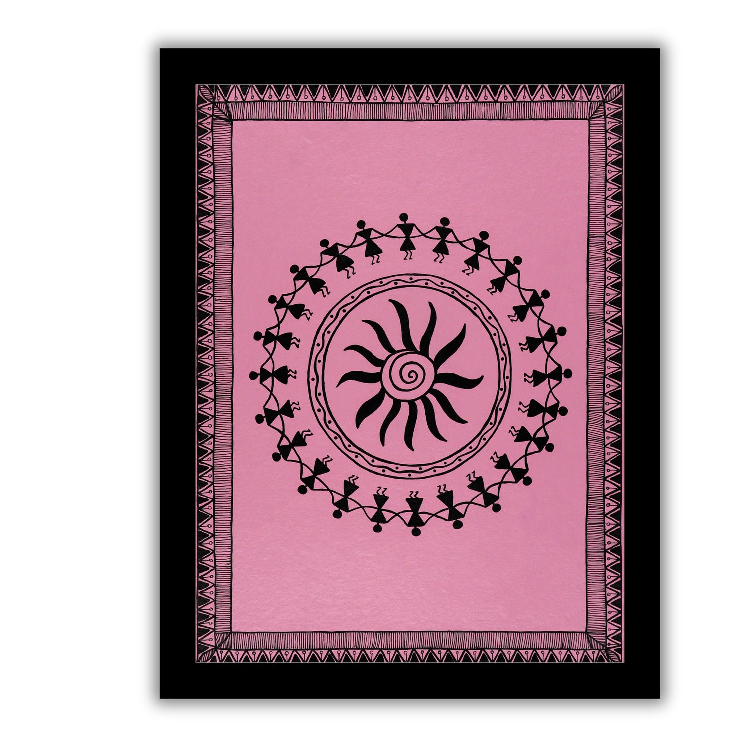 black dancing design on a pink background with handmade warli painting 