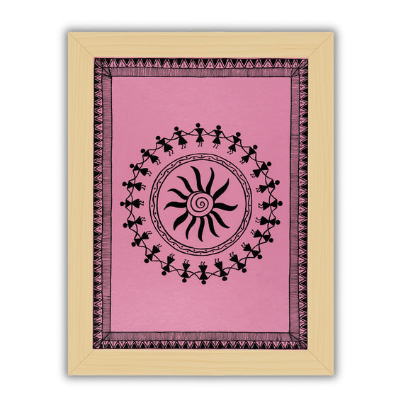 black dancing design on a pink background with handmade warli painting 