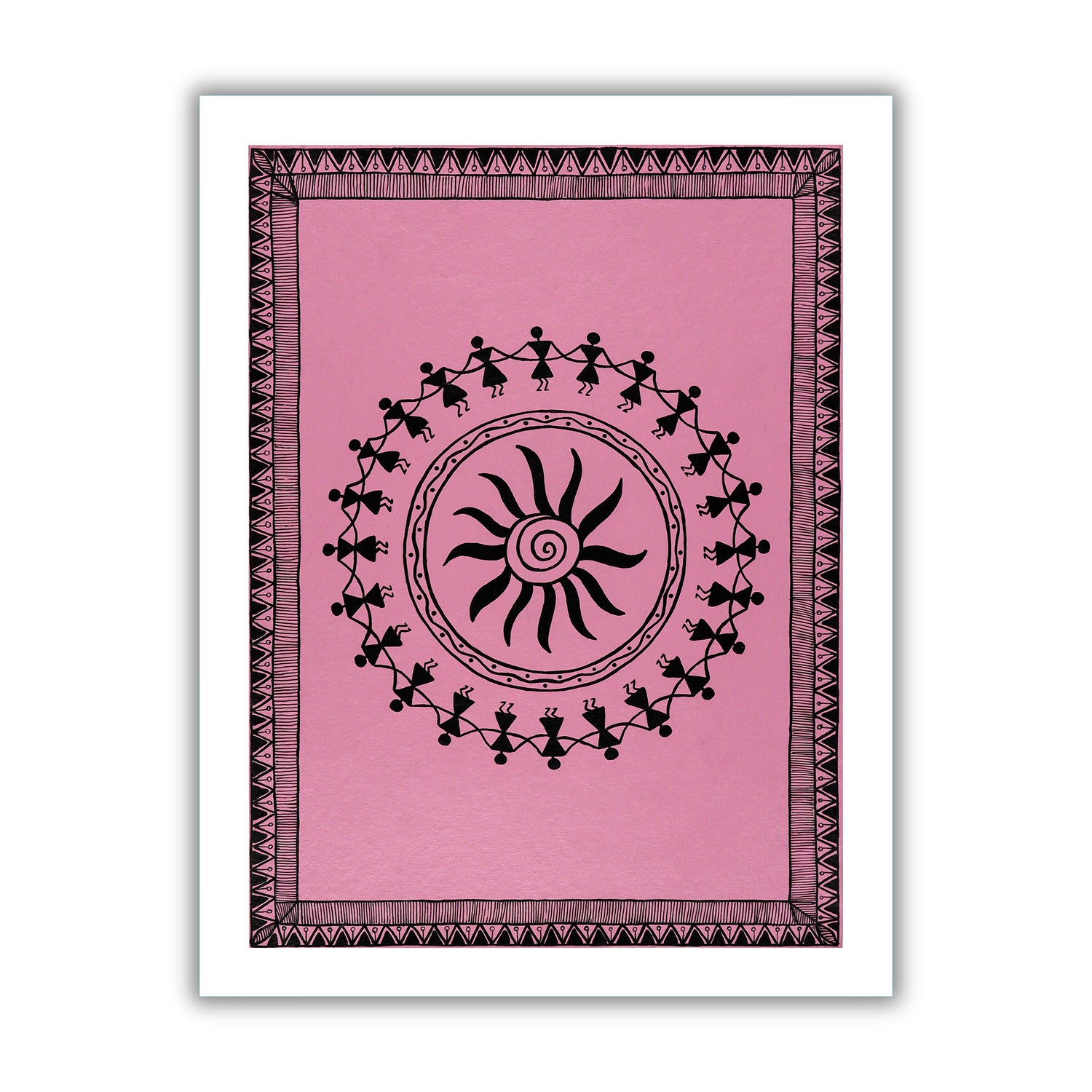 black dancing design on a pink background with handmade warli painting 