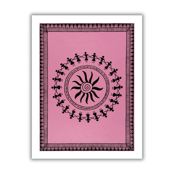 black dancing design on a pink background with handmade warli painting 