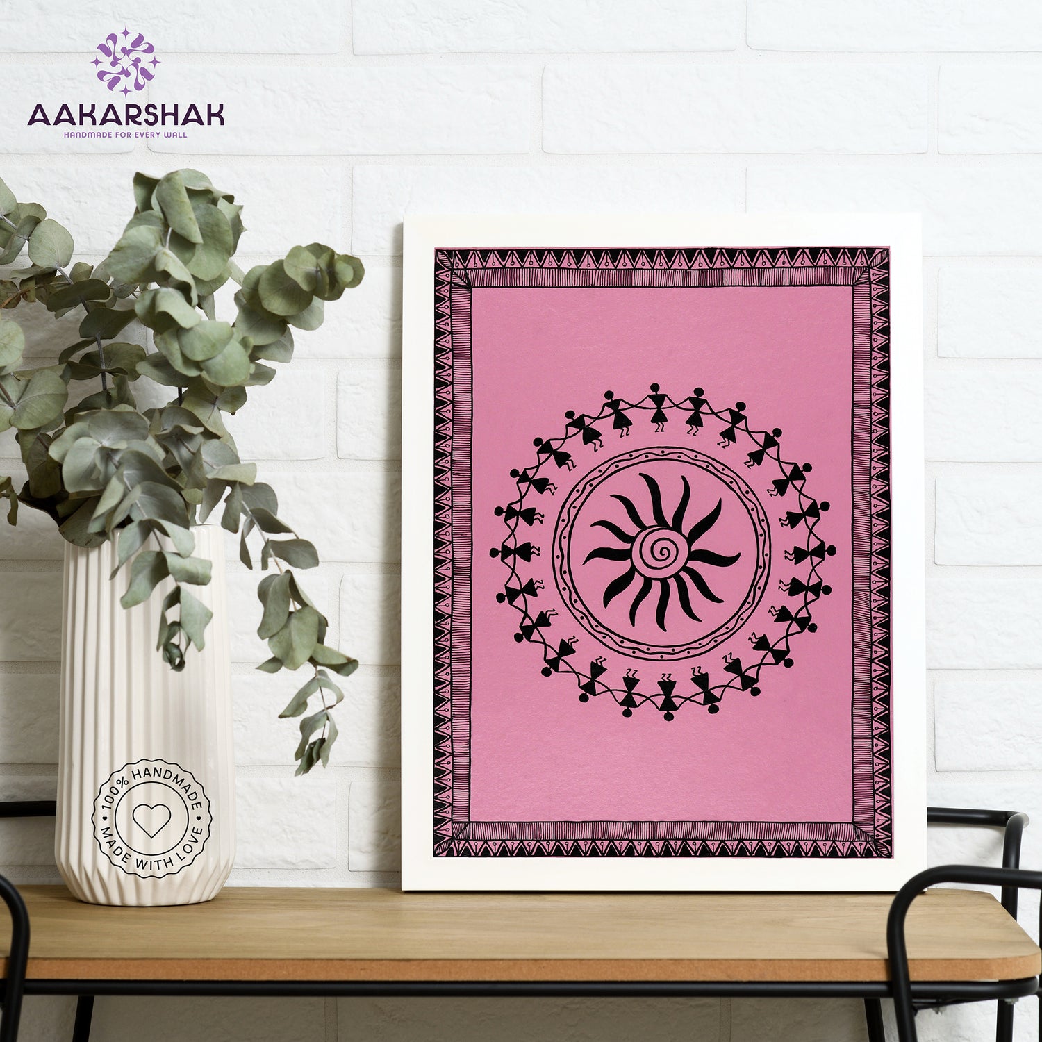 Framed artwork with white dancing design on a blue background-handmade warli painting for home 