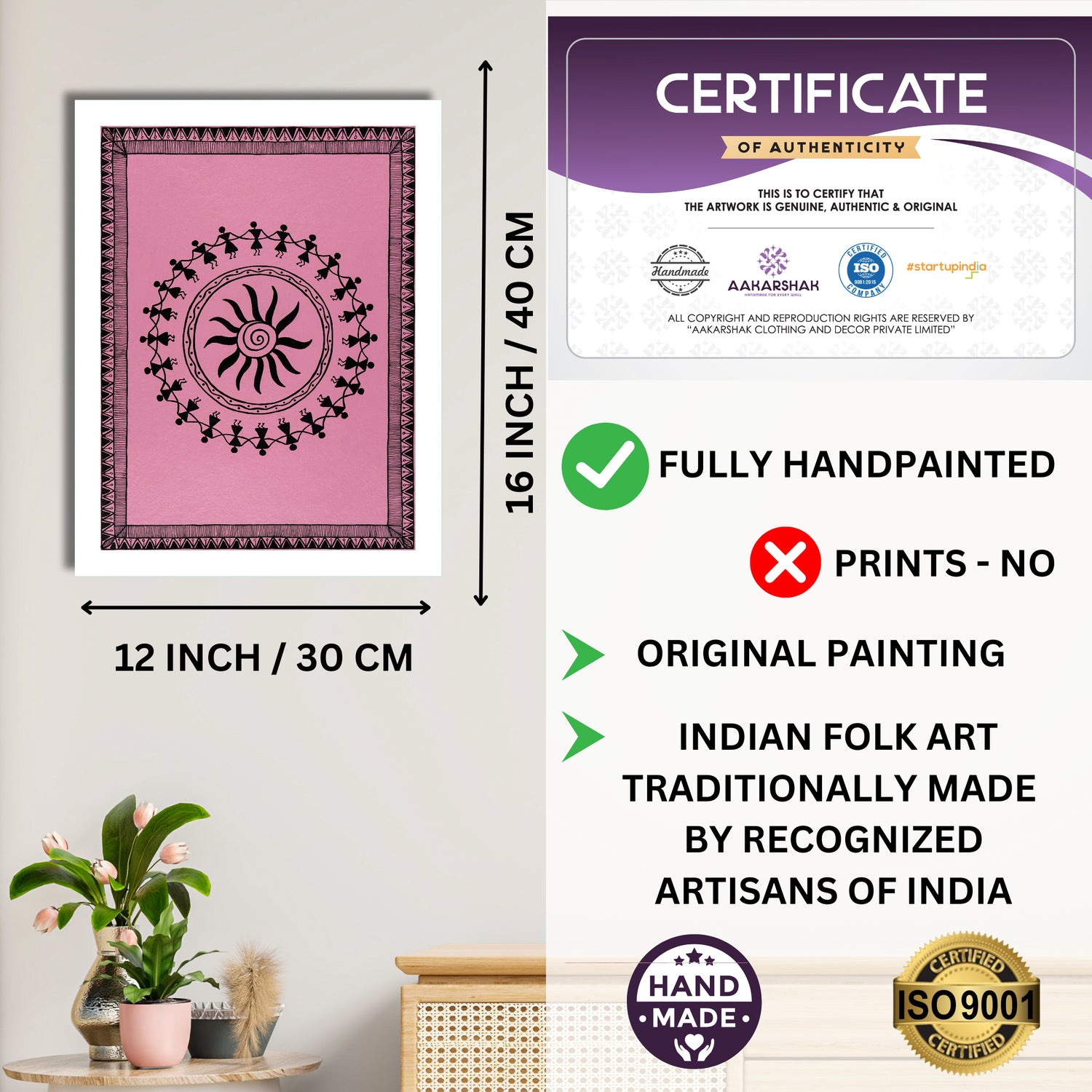 Framed artwork with dimensions, authenticity certificate and handmade iso certified-dancing warli painting