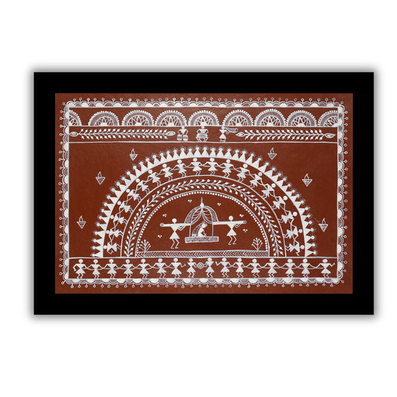 Framed artwork of a white doli design-handmade warli painting 
