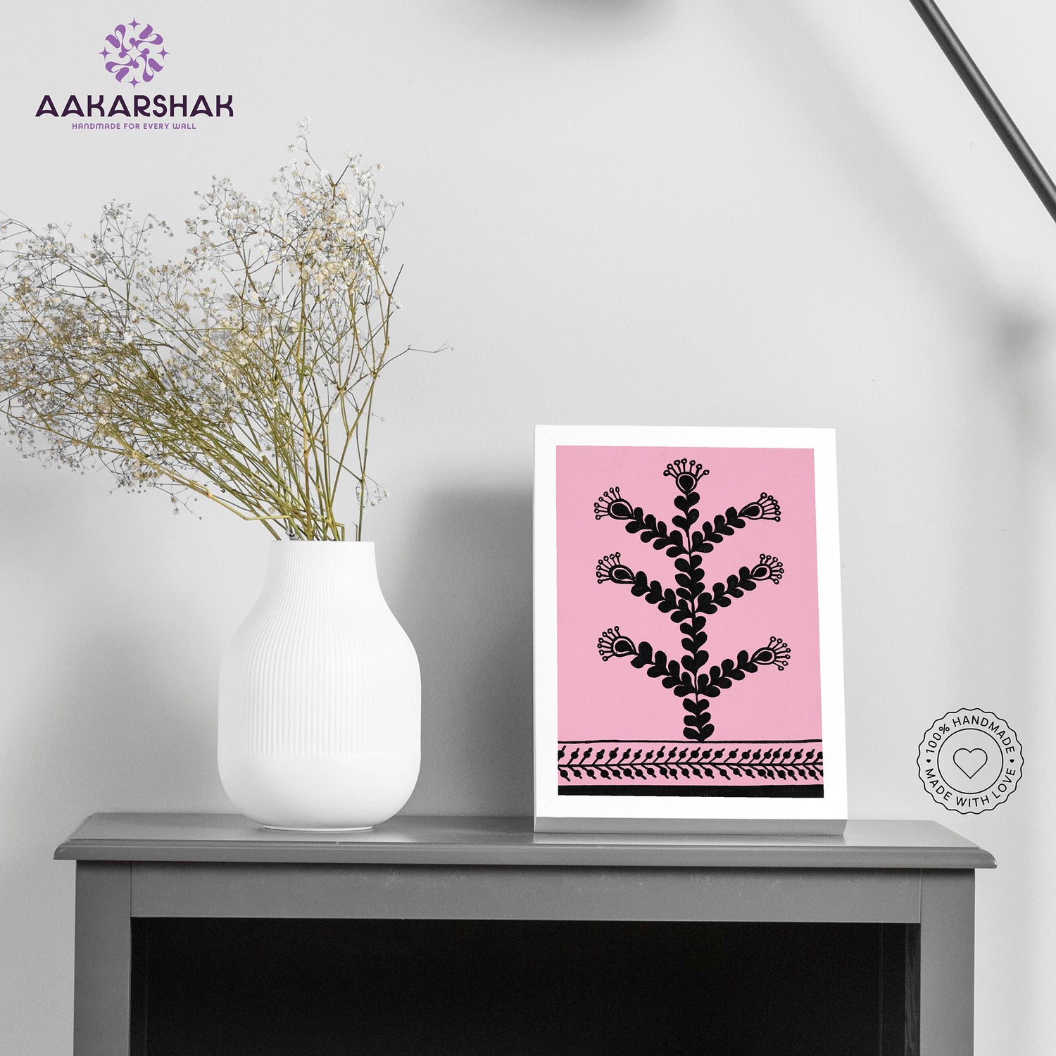 Handmade warli flower painting-with tabletop stand for home decor