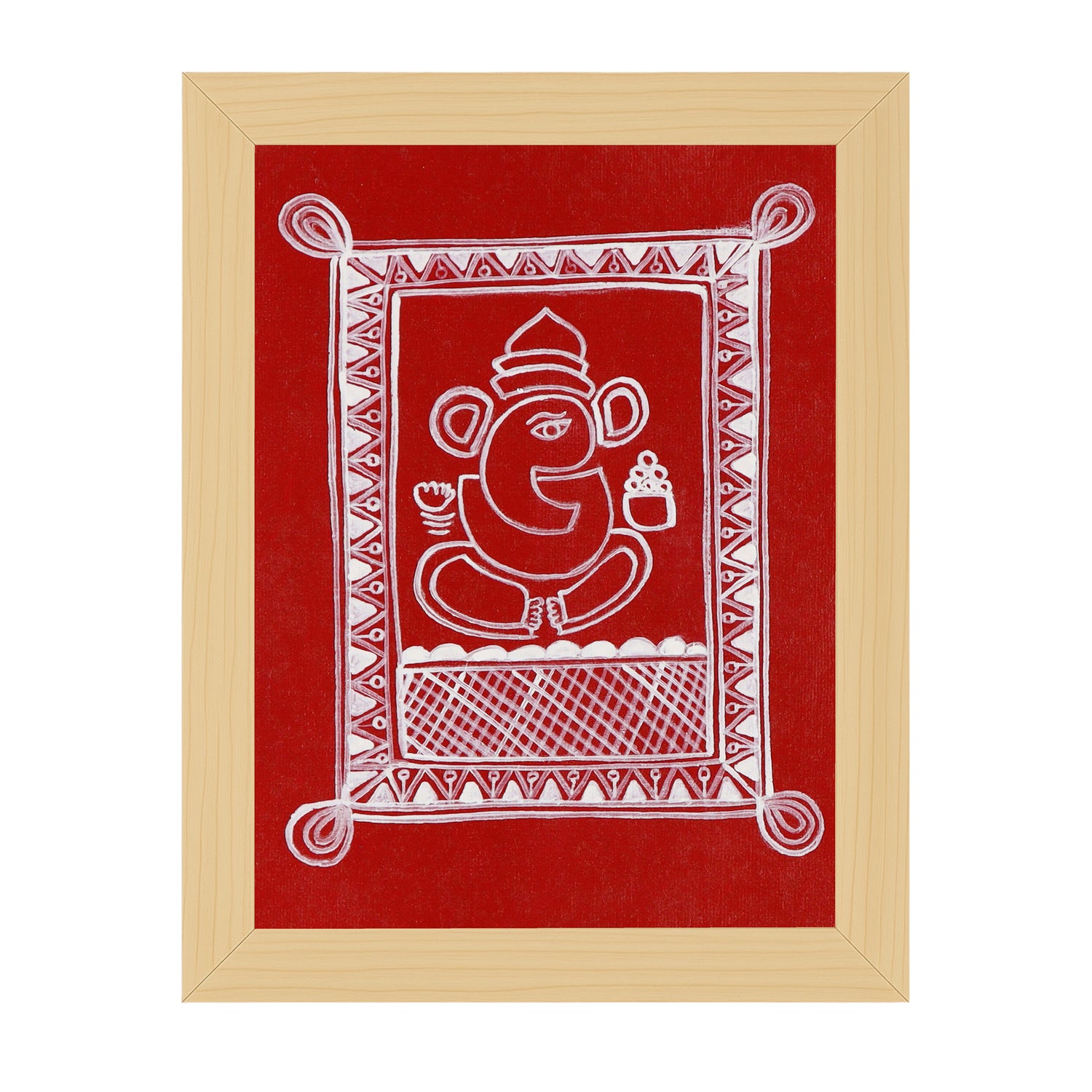 Framed ganesh artwork with a white design of a seated figure on a red background