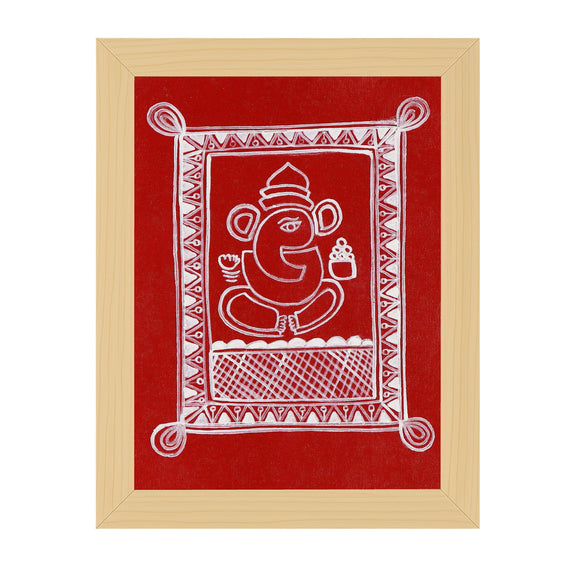 Framed ganesh artwork with a white design of a seated figure on a red background