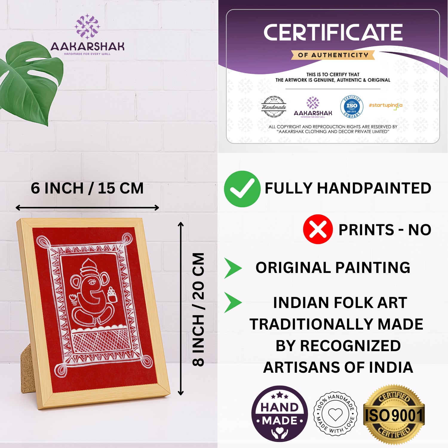 Aaharshak art piece with dimensions, authenticity certificate and handmade iso certified-ganesh warli painting
