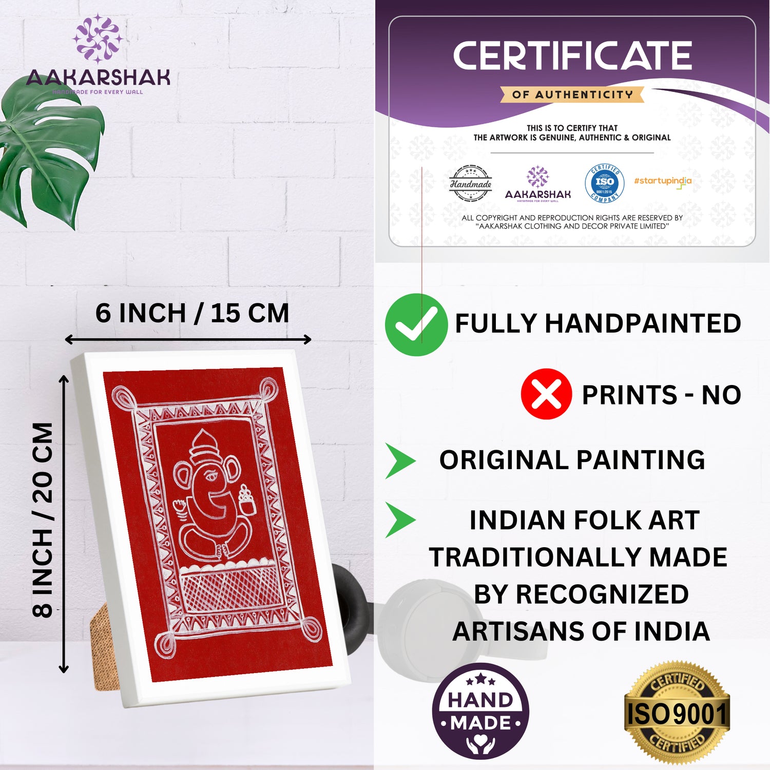 Aakarshah art piece with dimensions, authenticity certificate and handmade iso certified-ganesh warli painting

