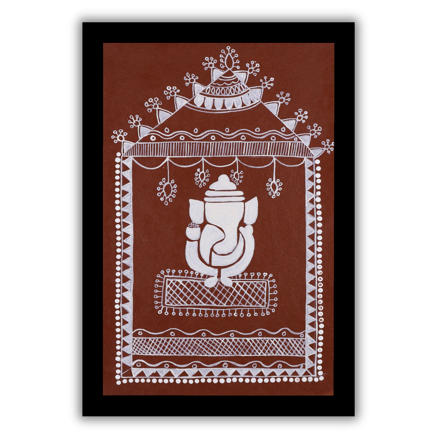 Decorative handmade with white Ganesh warli painting on a brown background