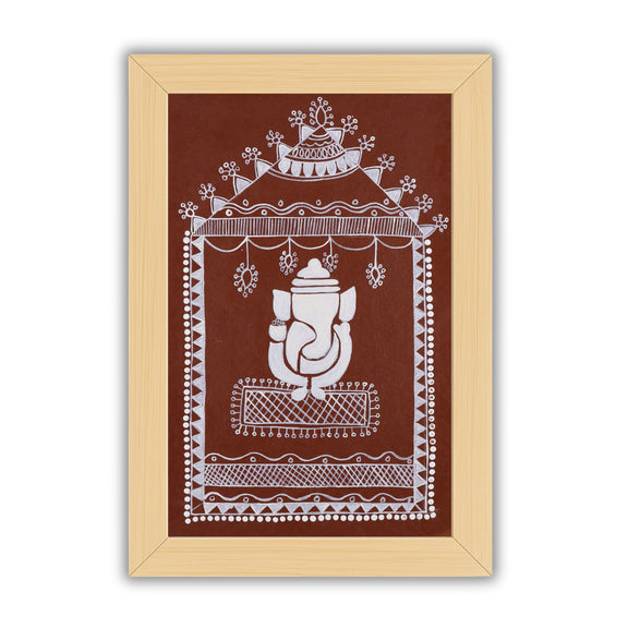 Decorative handmade with white Ganesh warli painting on a brown background