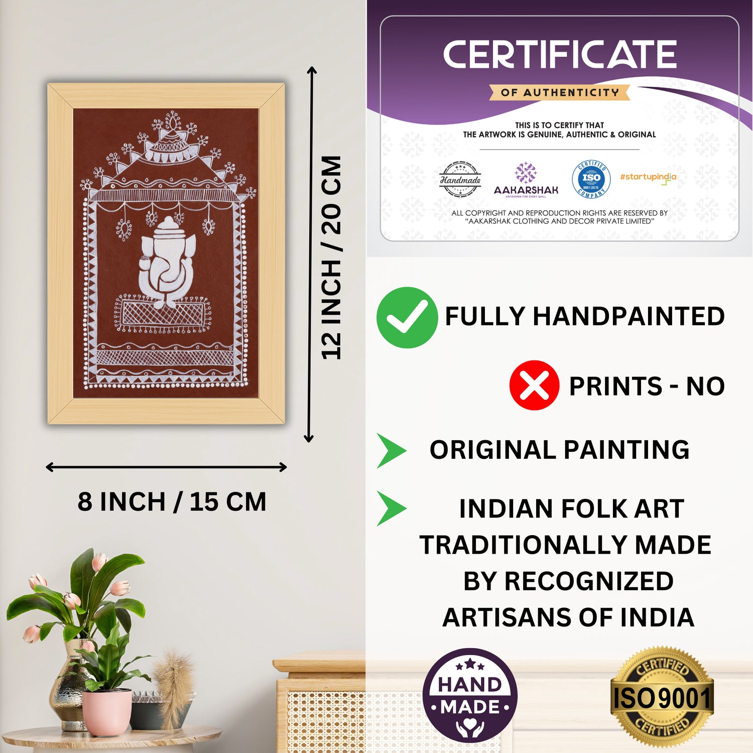 Framed artwork with dimensions, authenticity certificate-handmade iso certified-ganesh warli painting