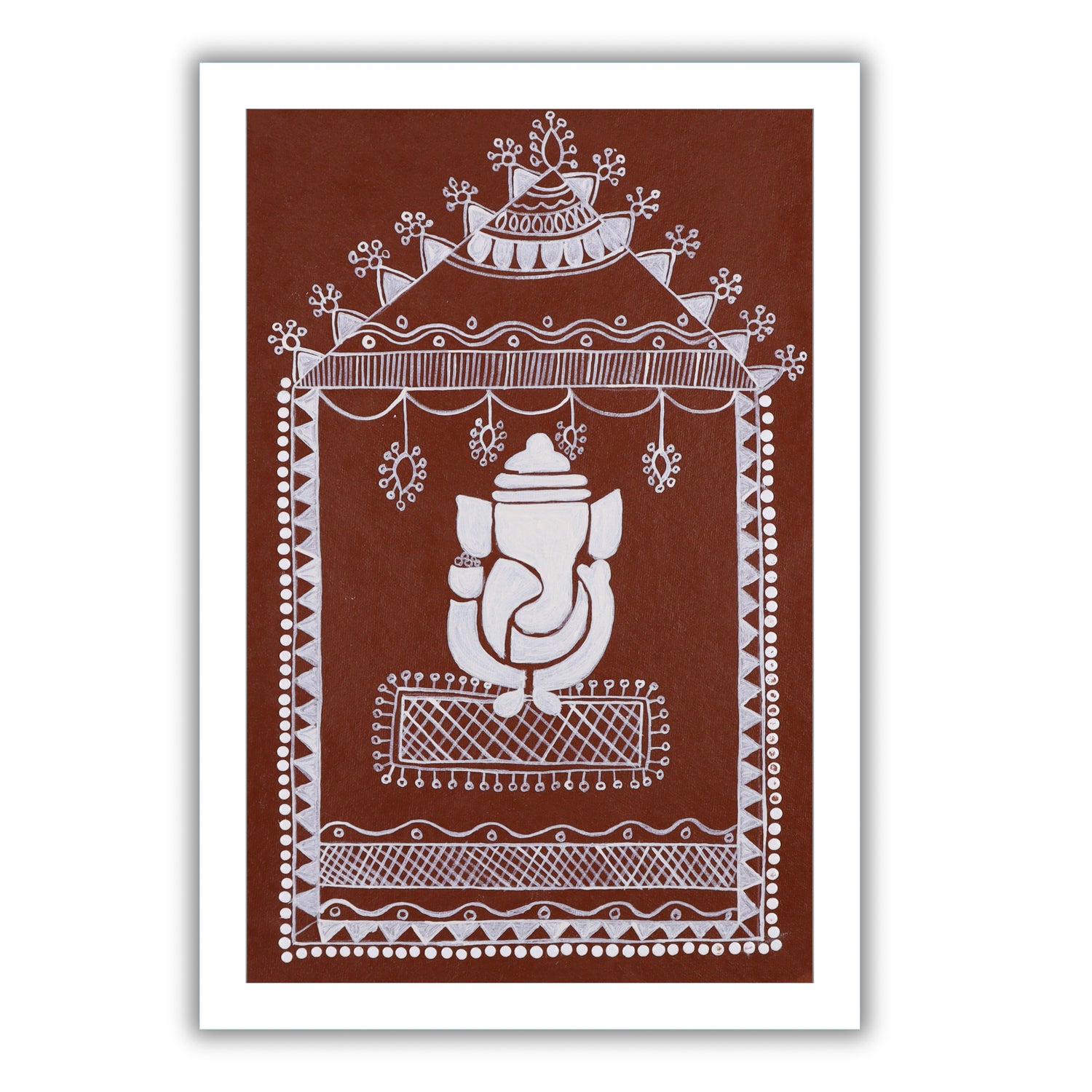 Decorative handmade with white Ganesh warli painting on a brown background