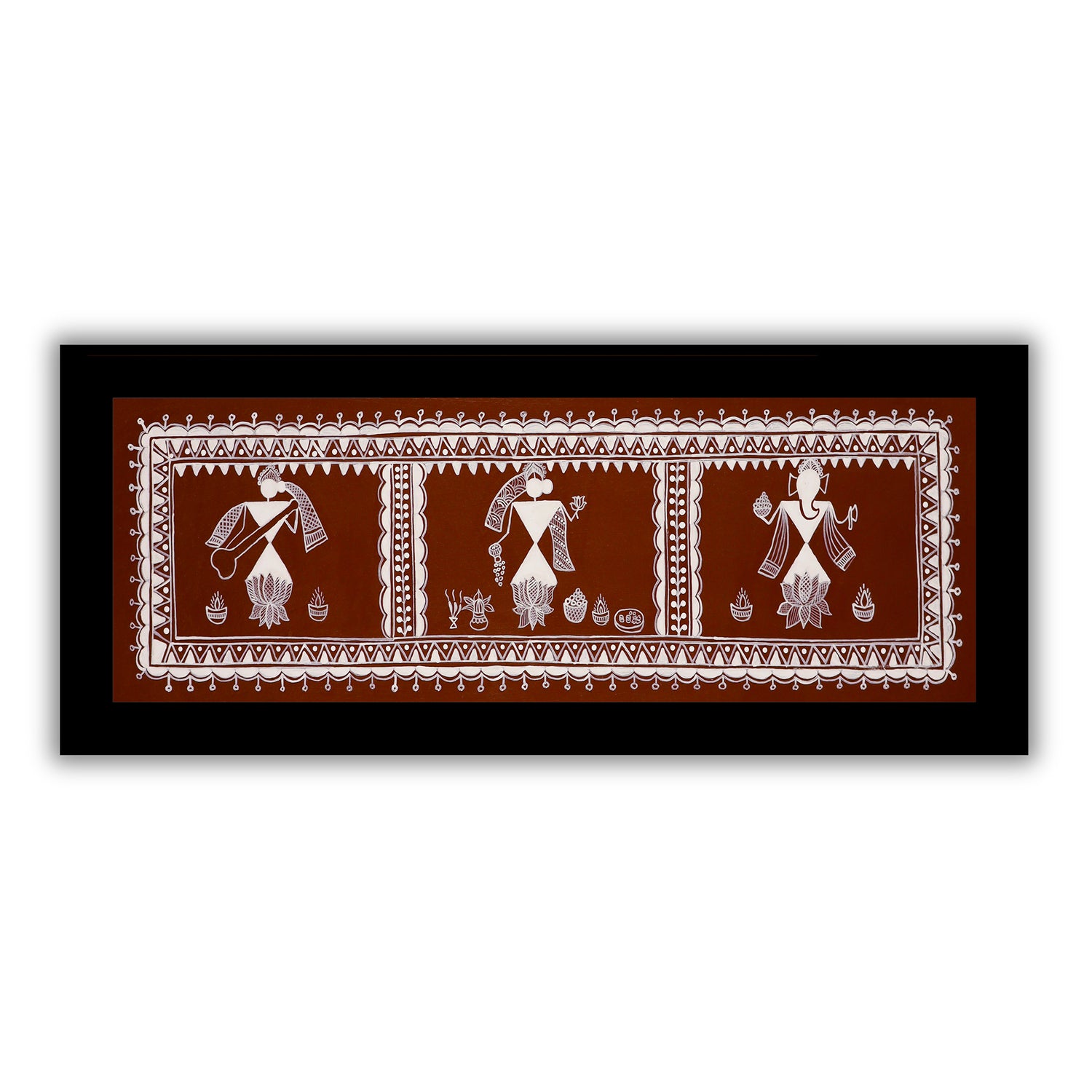 Framed artwork of a colorful ganesh-laxmi-saraswati-with handmade warli painting 