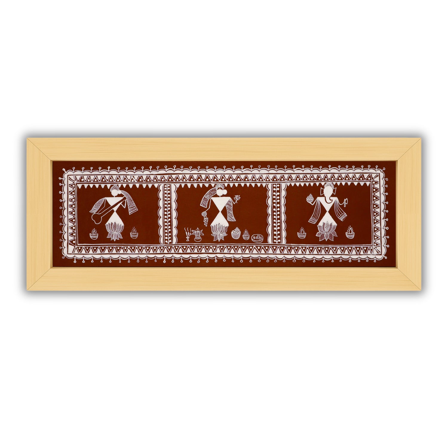 Framed artwork of a colorful ganesh-laxmi-saraswati-with handmade warli painting 
