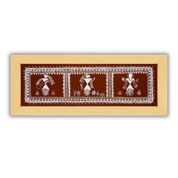 Framed artwork of a colorful ganesh-laxmi-saraswati-with handmade warli painting 