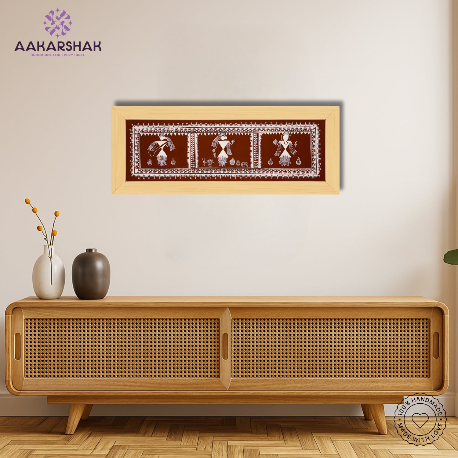 Framed artwork with ganesh-laxmi-saraswati  design -handmade dolly painting for home decor