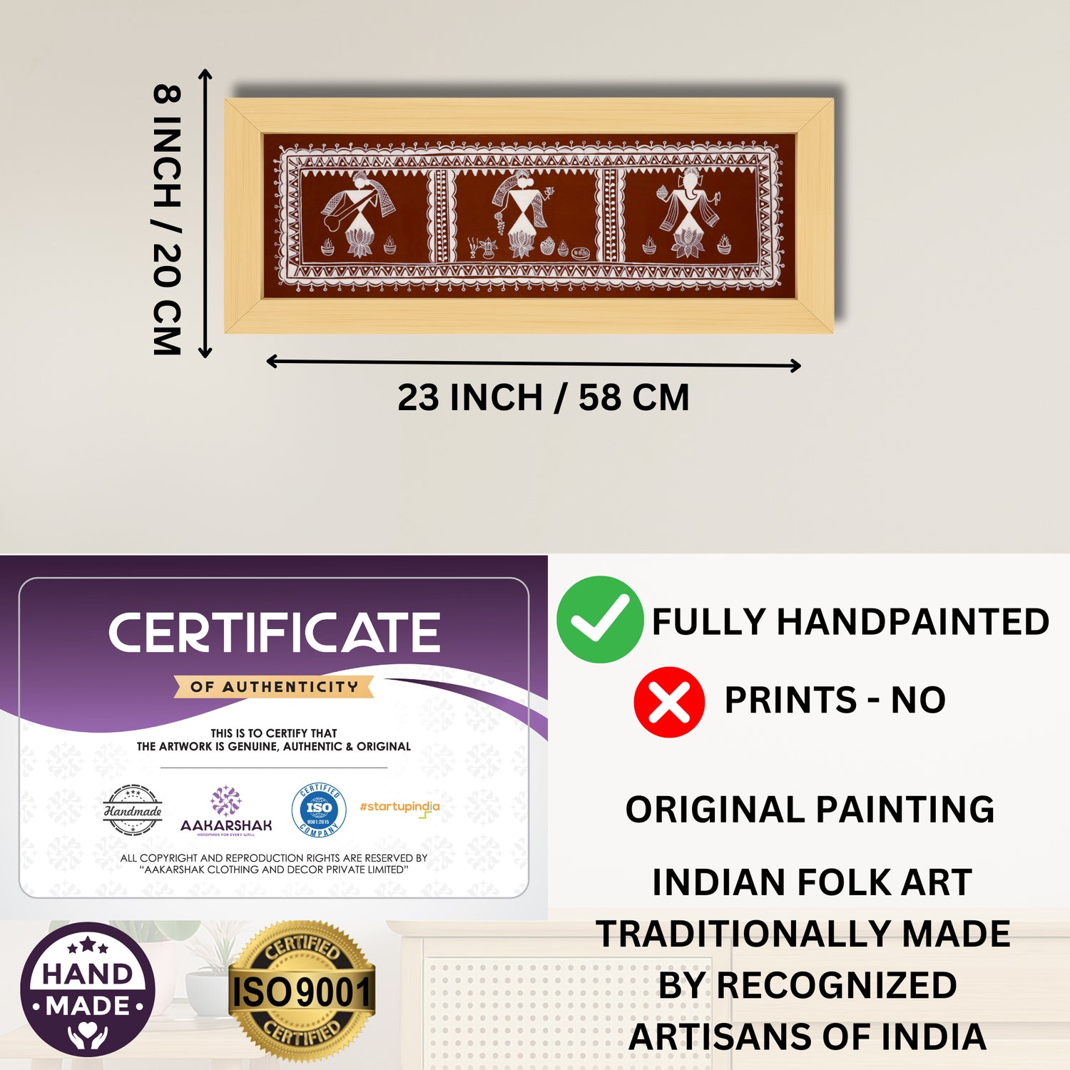 Framed artwork with dimensions, authenticity certificate and handmade iso certified-ganesh-laxmi-saraswati  warli painting