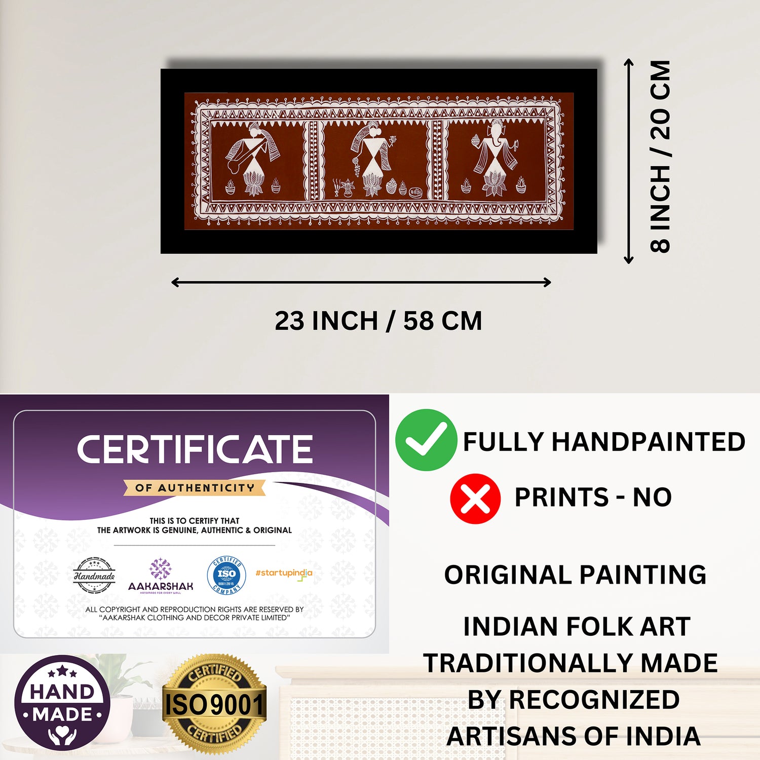 Framed artwork with dimensions, authenticity certificate and handmade iso certified-ganesh-laxmi-saraswati  warli painting