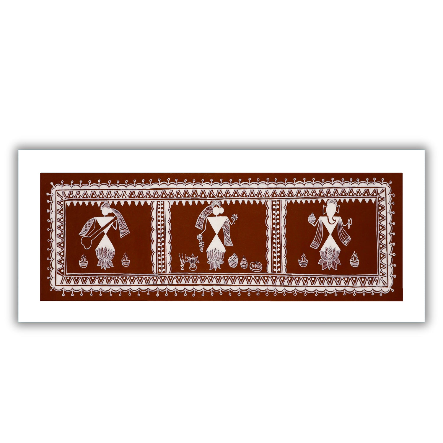 Framed artwork of a colorful ganesh-laxmi-saraswati-with handmade warli painting 