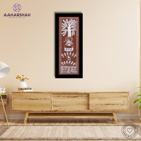 Framed artwork of a colorful krishna-with handmade warli painting 
