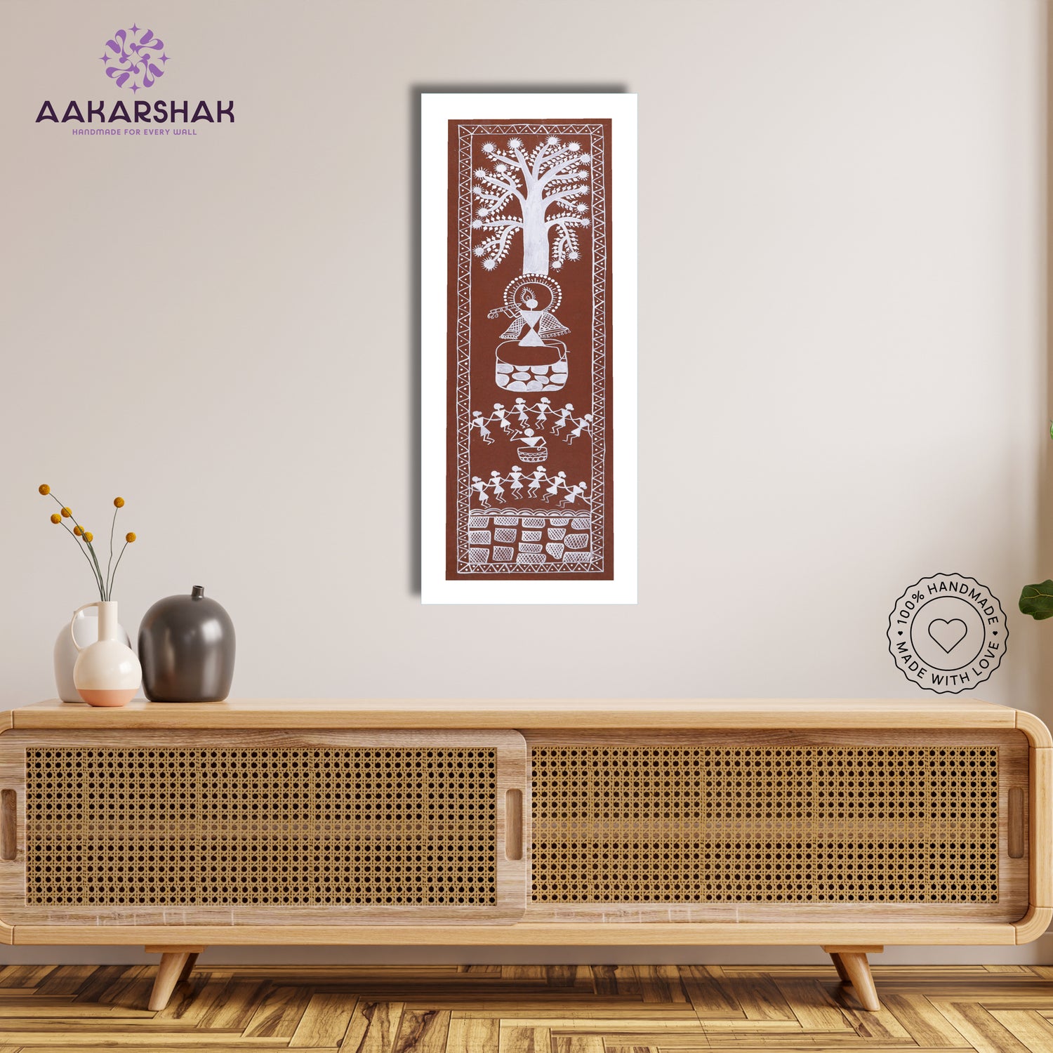 Framed artwork of a colorful krishna-with handmade warli painting 