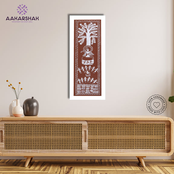 Framed artwork of a colorful krishna-with handmade warli painting 