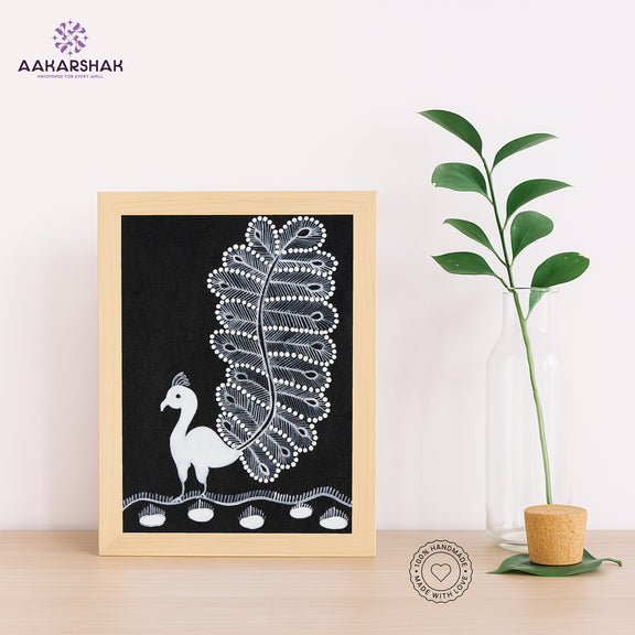 Handmade warli peacock painting-with tabletop stand for home decor
