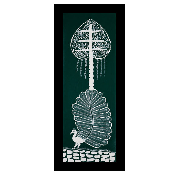 Framed artwork of a white peacock design-handmade warli painting 