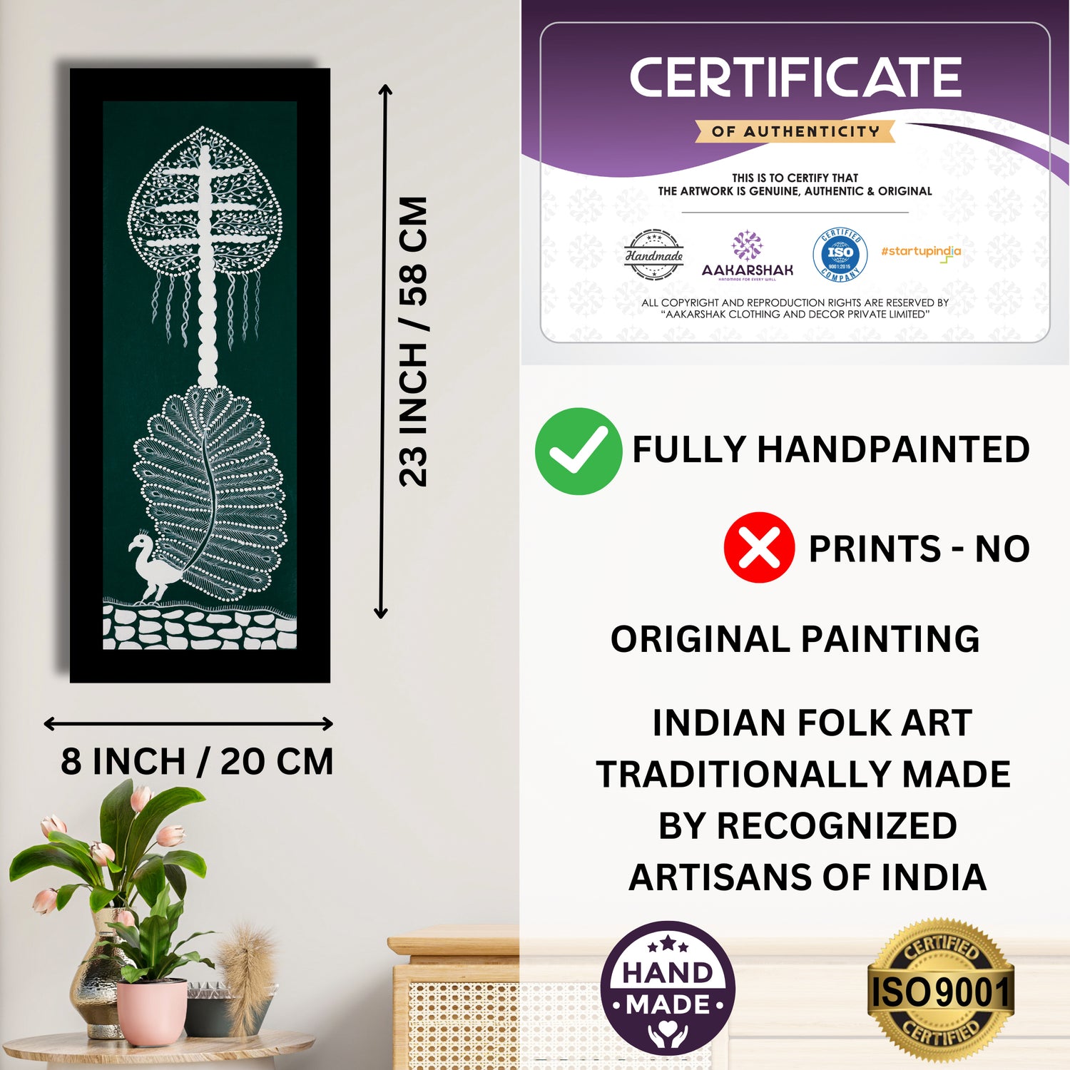 Framed artwork with dimensions, authenticity certificate and handmade iso certified-peacock warli painting
